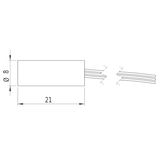 Technische Zeichnung eines rechteckigen Bauteils mit den Maßen 21 mm Länge und 8 mm Durchmesser. Zwei Kabelstränge ragen heraus.