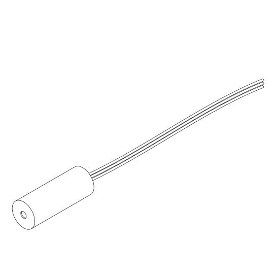 Eine einfache Diagrammlinie zeigt einen zylinderförmigen Sensor mit drei herausragenden Kabeln, die zur Verbindung dienen.