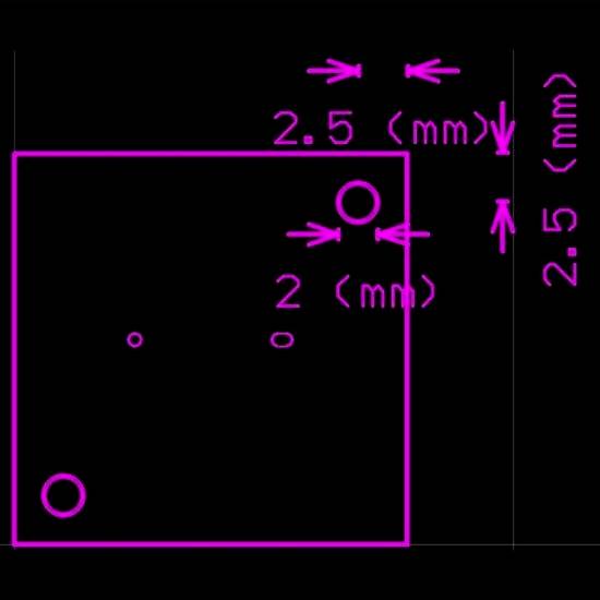 Technische Skizze eines Quadrats mit zwei Löchern. Markierungen zeigen Abstände: 2,5 cm Seitenlänge und 2 mm von Loch zu Kante.