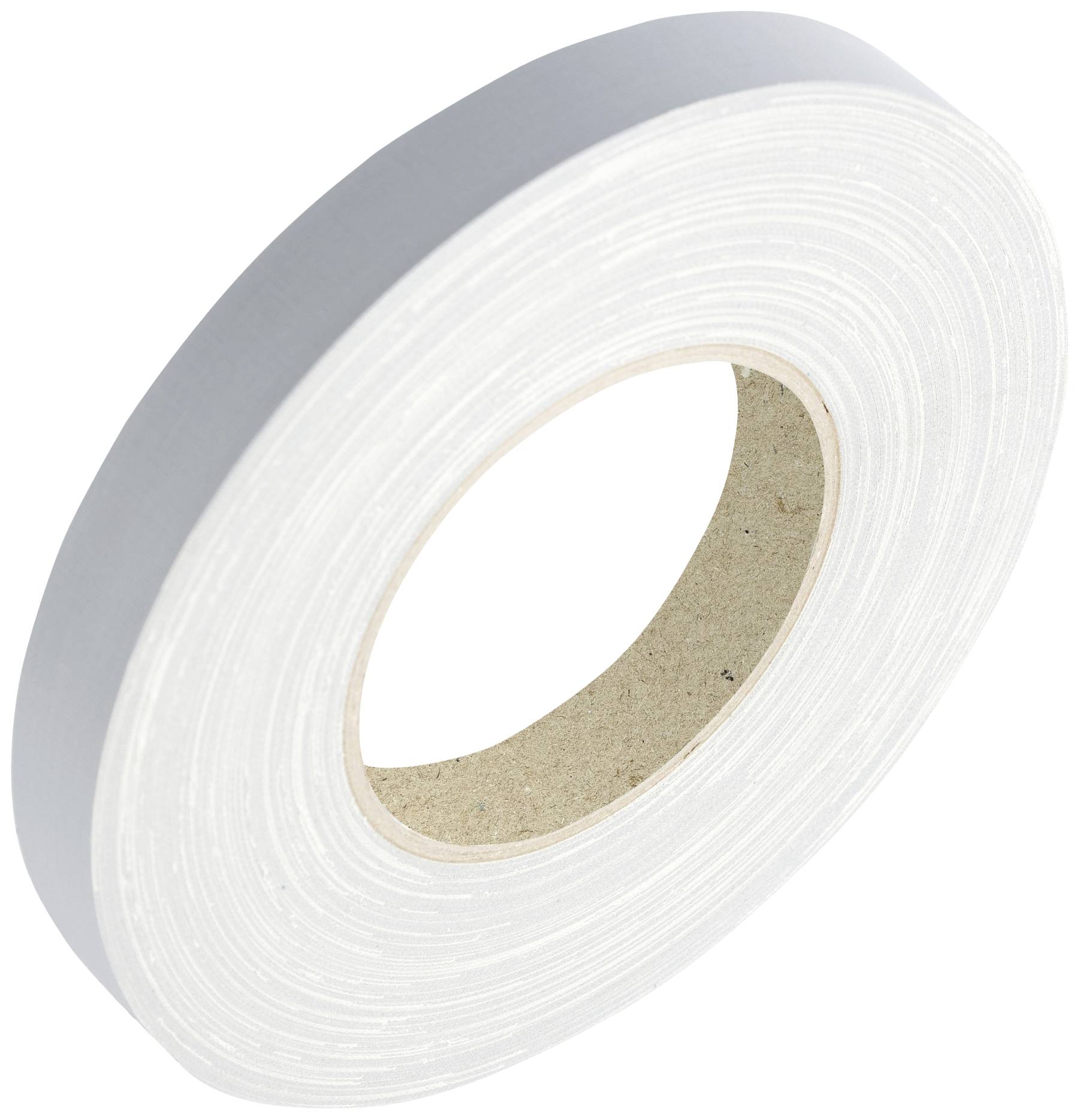 Eine Rolle weißes Klebeband mit braunem Innenkern, seitlich liegend.