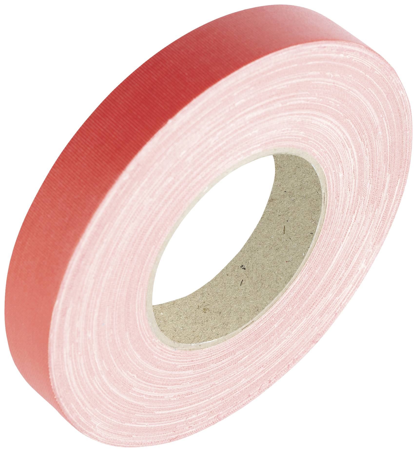 Eine einzelne Rolle rotes Klebeband, auf weißem Hintergrund, liegend.