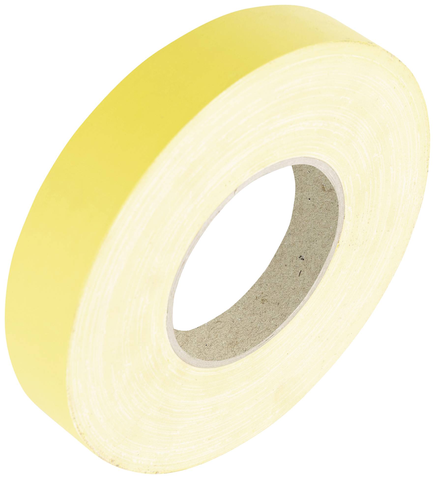 Eine gelbe Rolle Klebeband, seitlich gesehen. Der innere Ring aus Pappe ist sichtbar.
