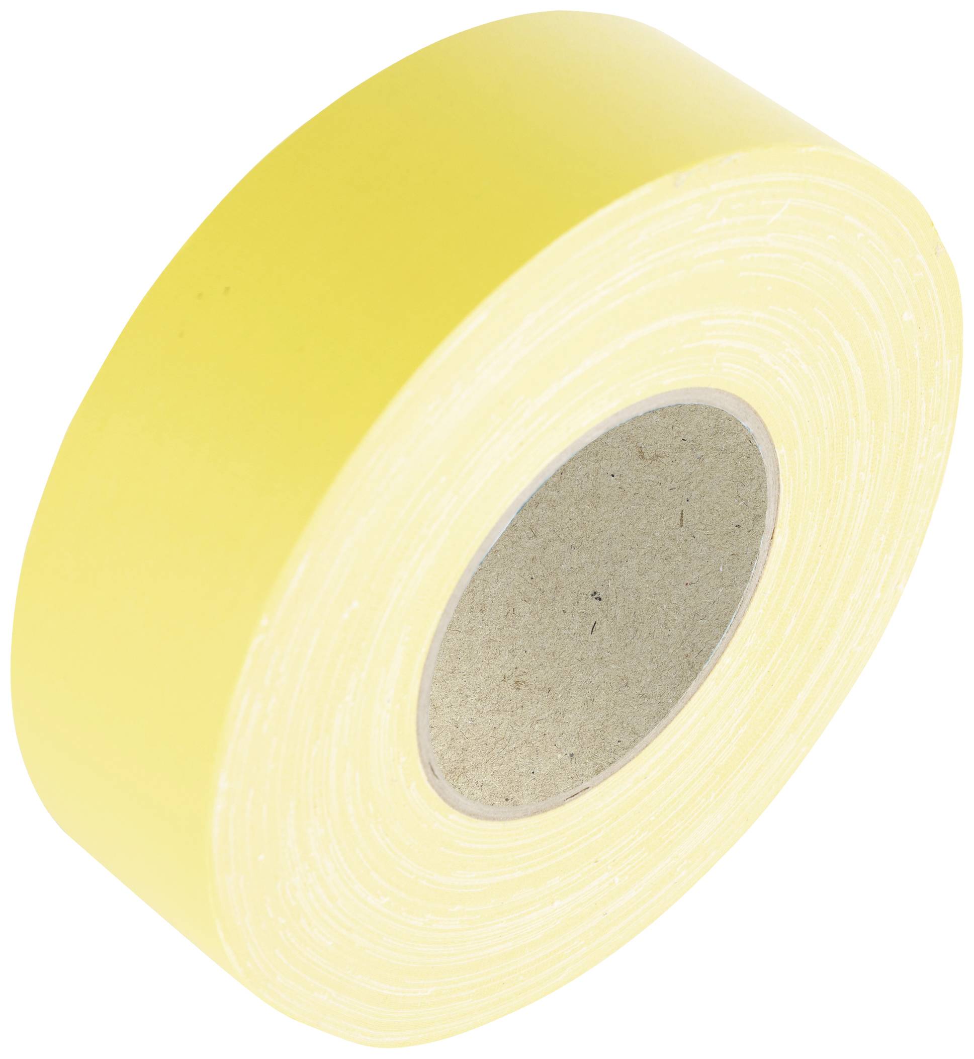 Eine gelbe Klebebandrolle, perspektivisch leicht von oben gesehen.
