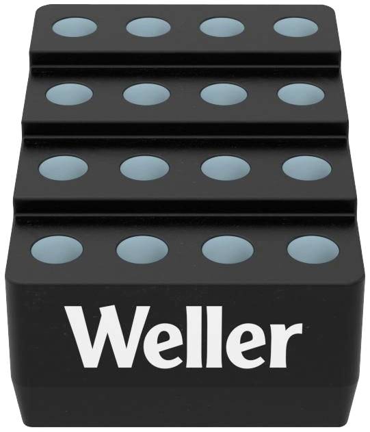 Schwarzer Block mit drei gestaffelten Ebenen, jeweils mit blauen Punkten. Der Markenname 'Weller' ist auf der Vorderseite sichtbar.