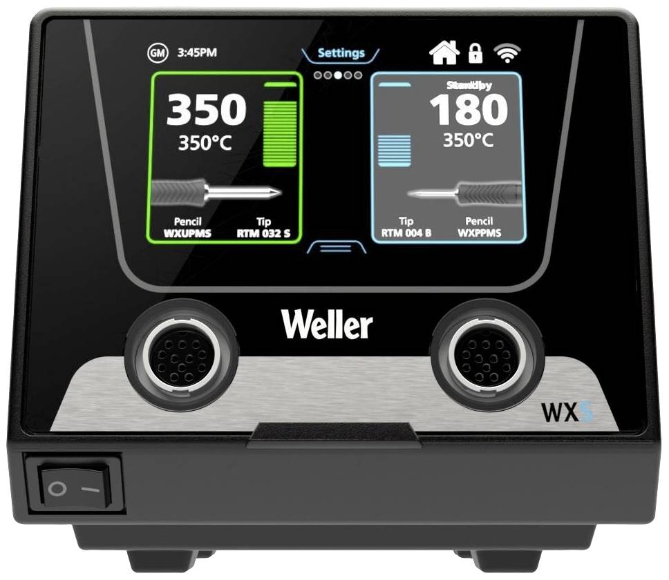 Lötkolben-Station von Weller mit digitalem Display. Links: 350°C, rechts: 180°C. Beide Anzeigen mit Batteriestand visualisiert.