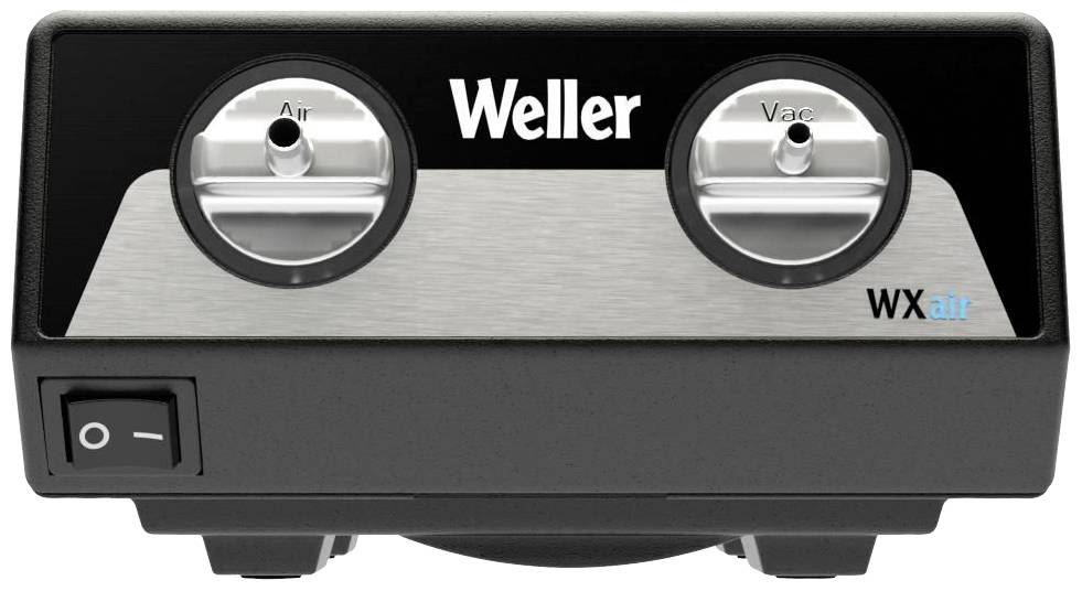 Steuereinheit mit zwei Drehknöpfen beschriftet 'Air' und 'Vac', Marke Weller, Modell WXair. Ein/Aus-Schalter links unten.