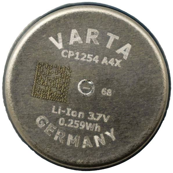 Runde Knopfzelle mit der Aufschrift 'VARTA CP1254 A4X'. Spezifikationen: Li-Ion, 3.7V, 0.259Wh. Herstellerkennzeichnung 'GERMANY'.