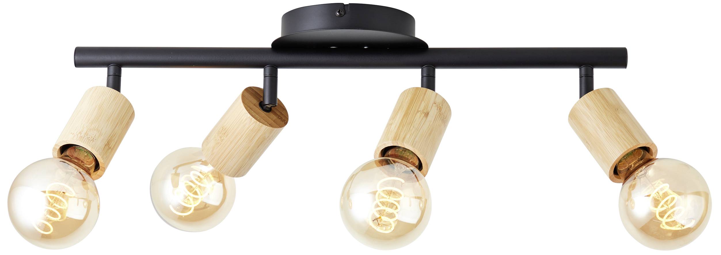 Deckenlampe mit vier Holzfassungen, die schwenkbare Glühbirnen halten. Modernes Design mit warmem Lichtschein.