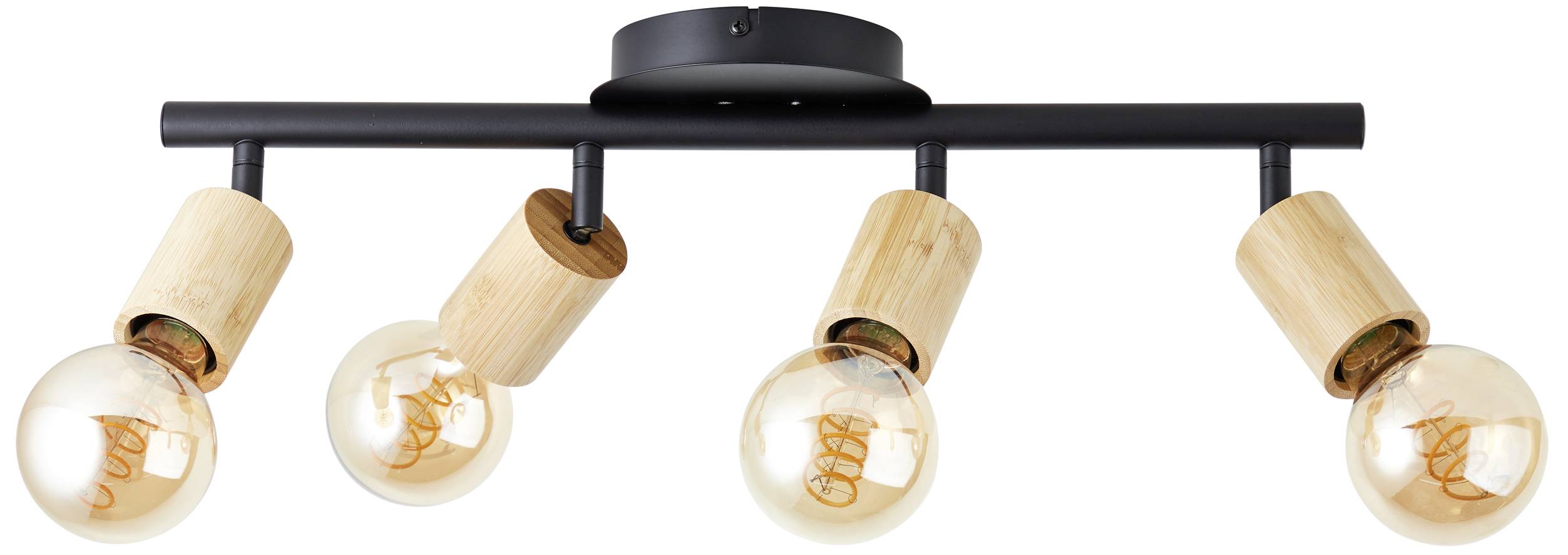 Deckenleuchte mit schwarzem Metallrahmen und vier Holzfassungen. Jede Fassung hält eine Glühbirne. Modernes Design für Wohnbereiche.
