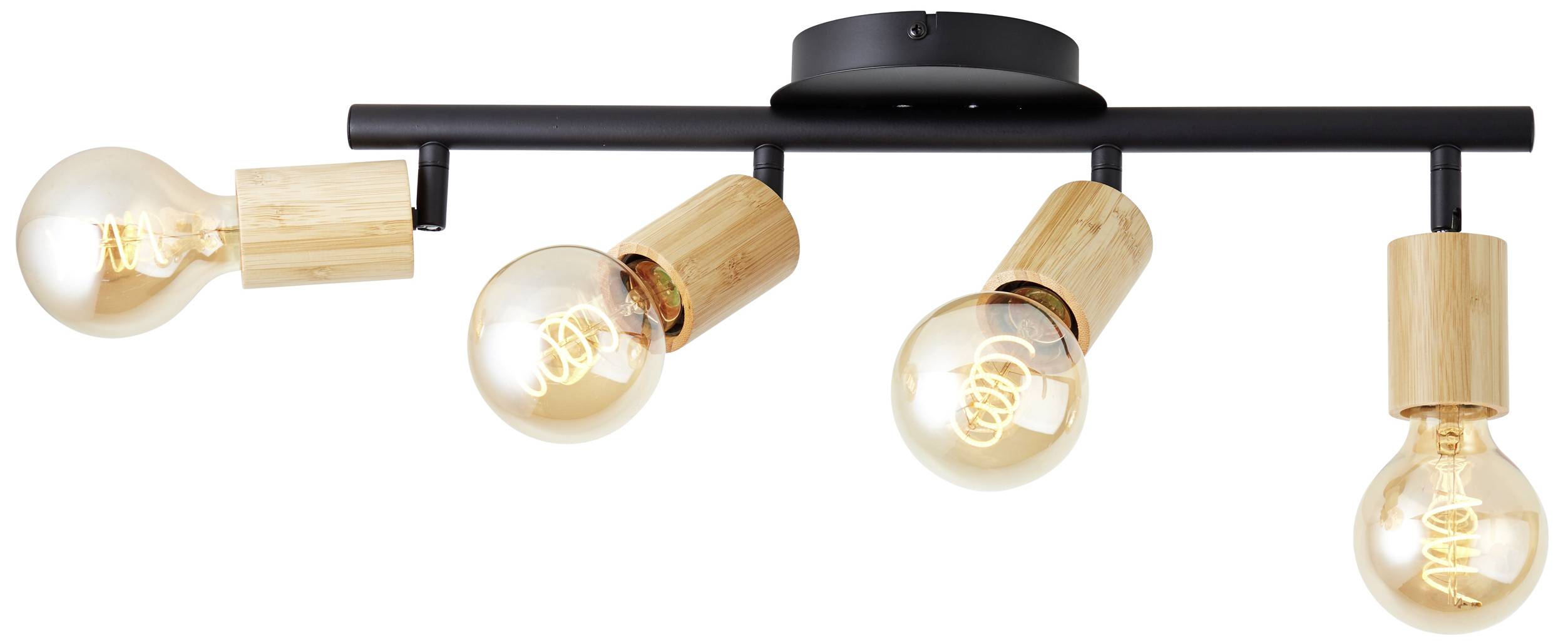 Eine schwarze Deckenleuchte mit vier Holzlampenschirmen, die stilvoll in verschiedene Richtungen zeigen. Energiesparlampen leuchten warm.