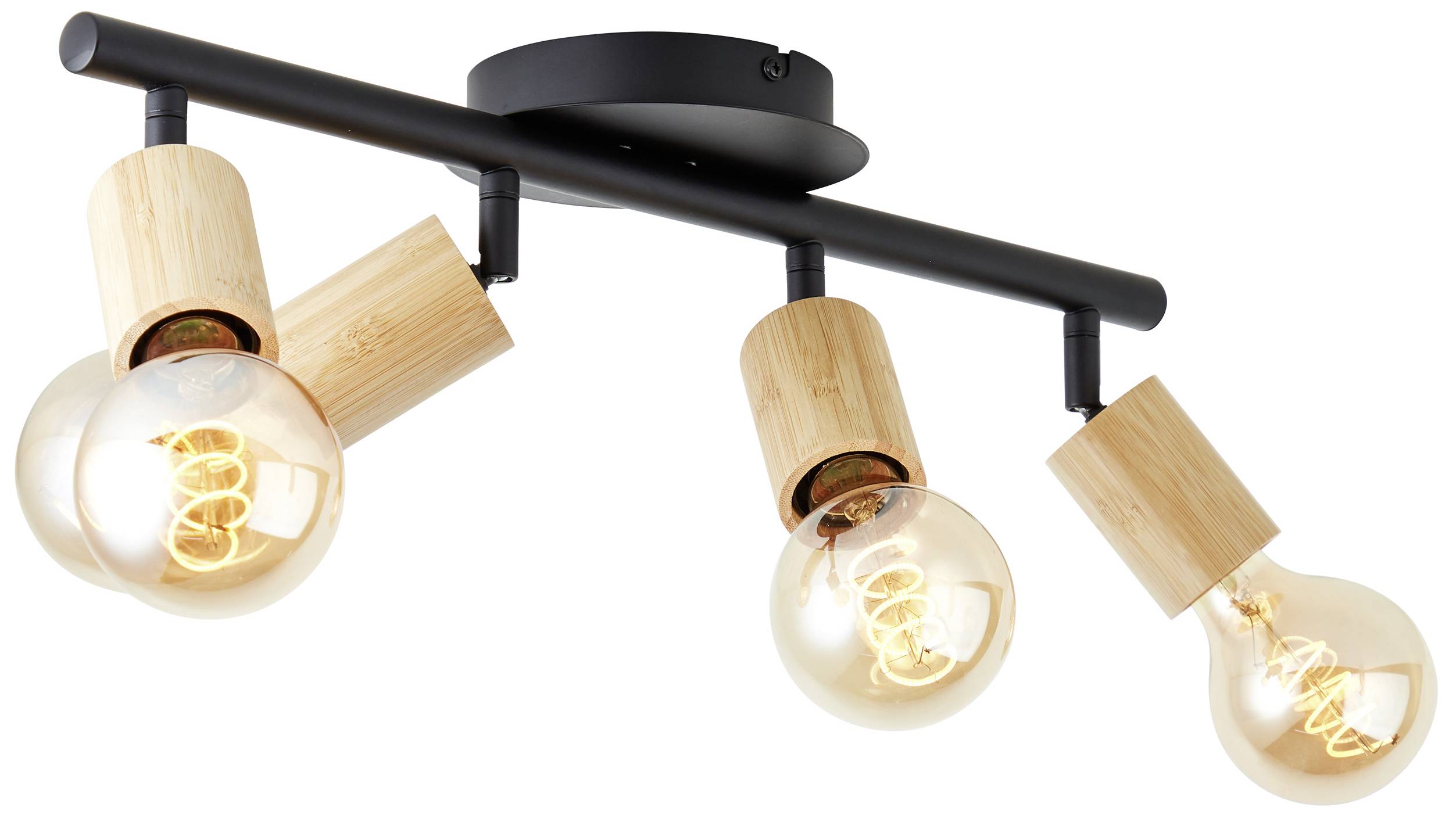 Deckenleuchte mit vier Glühbirnen in Holzfassungen, montiert an einer schwarzen Metallstange.