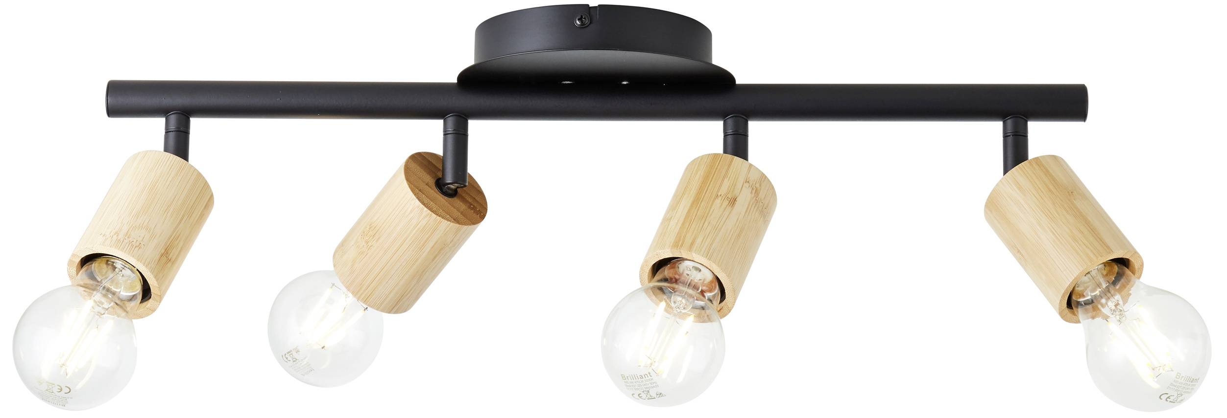 Deckenleuchte mit vier Holzfassungen und runden Glühbirnen, in einer geraden Linie auf schwarzer Metallhalterung befestigt.