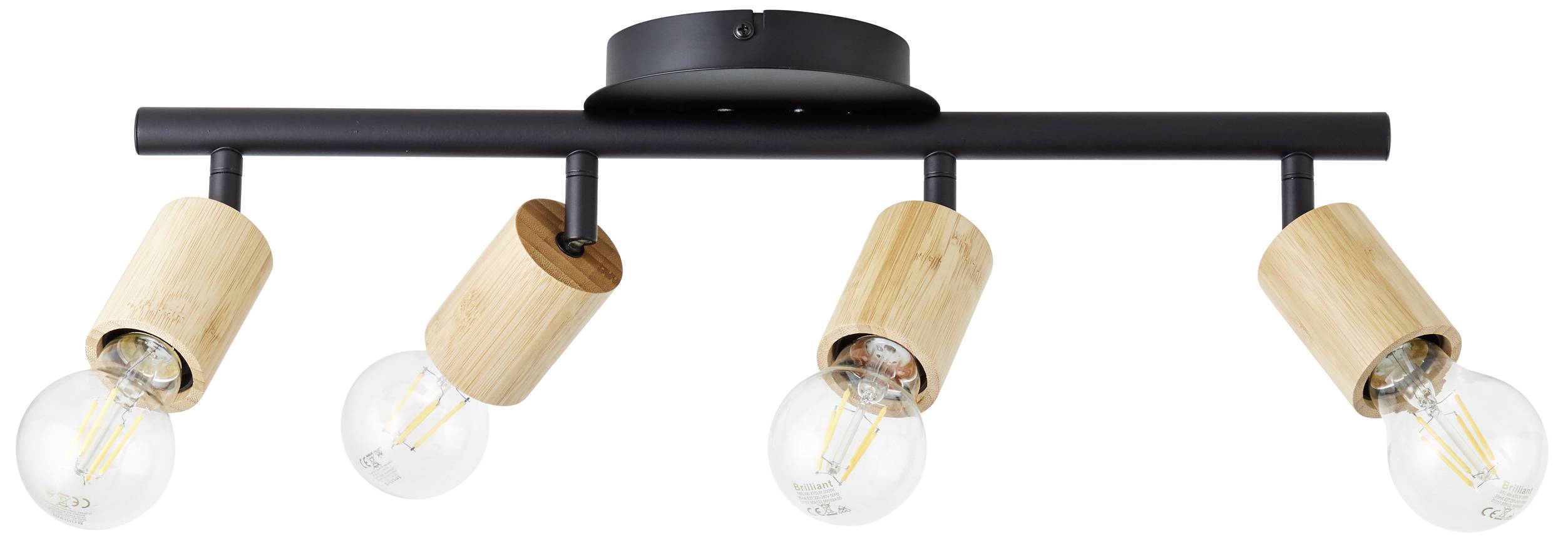 Schwarzes, modernes Deckenlicht mit vier holzumrahmten Glühbirnen in runden Fassungen, die in verschiedene Richtungen zeigen.