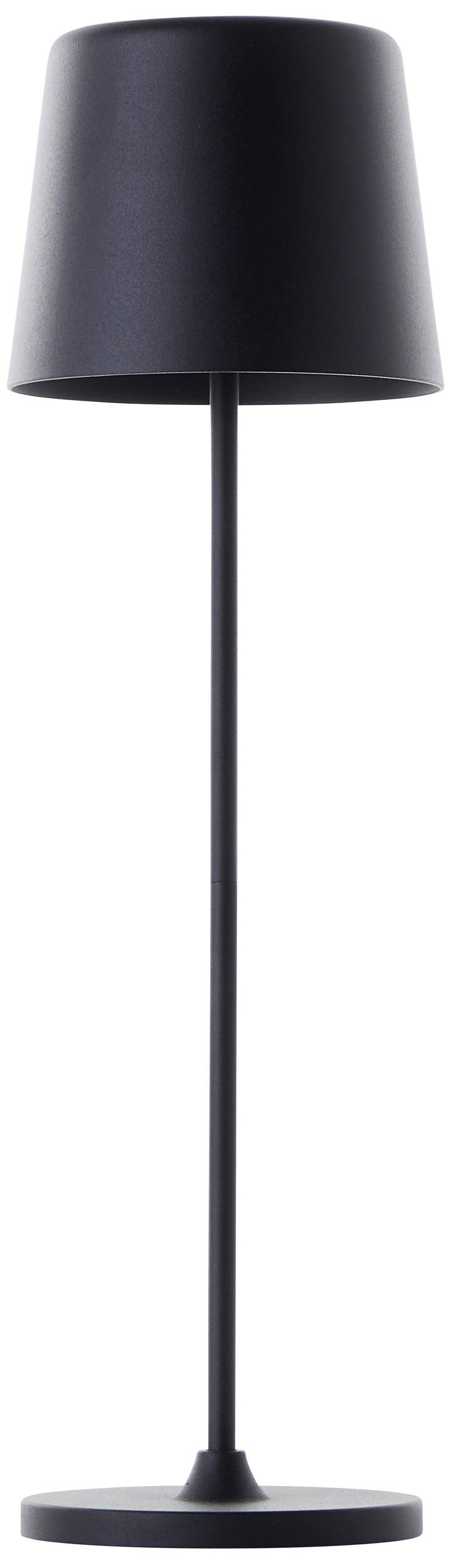 Schwarze Stehlampe mit schlichtem, modernem Design, bestehend aus rundem Lampenschirm und geradem Standfuß auf runder Basis.