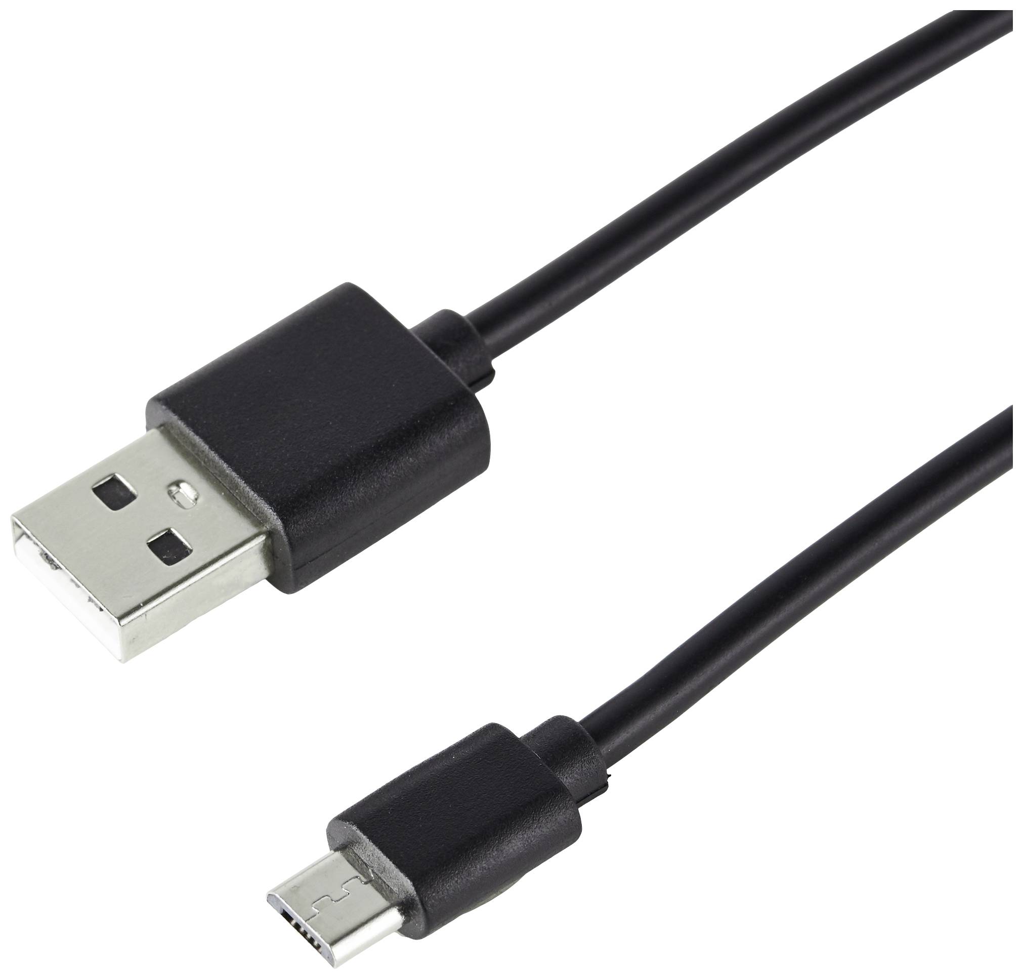 Schwarzes USB-Kabel mit einem Standard-USB-Stecker an einem Ende und einem Micro-USB-Stecker am anderen Ende.