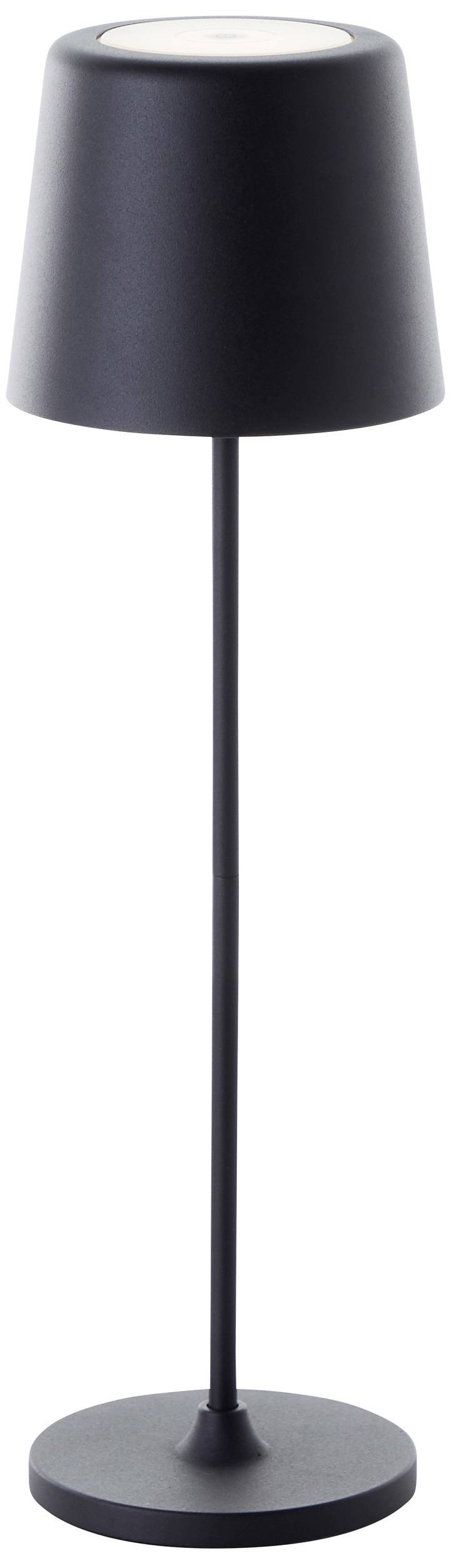 Schwarze Stehlampe mit schmalem, hohem Sockel und konischem Lampenschirm, geeignet für moderne Innenräume.
