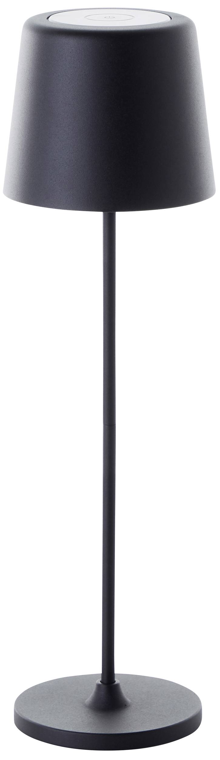 Schwarze, schlichte Stehlampe mit rundem Lampenschirm und stabilem Fuß.
