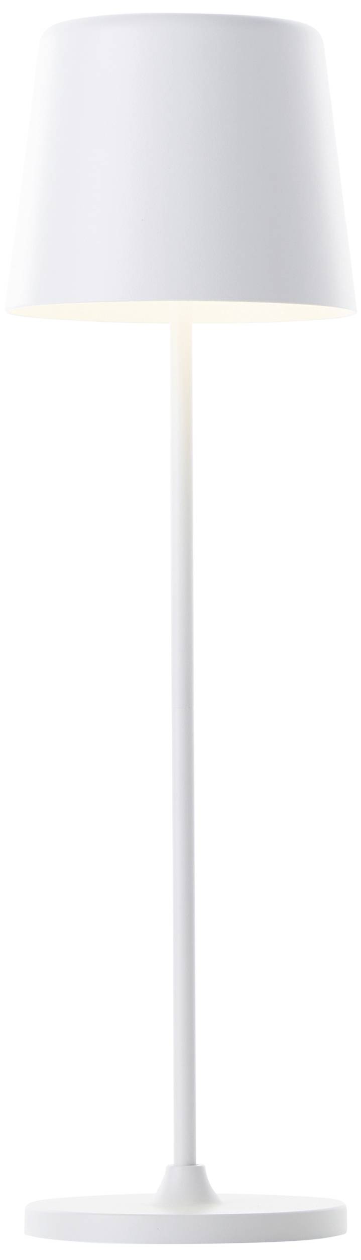 Stehende weiße Lampe mit einem schlichten, modernen Design; der Lichtkegel ist nach unten gerichtet.