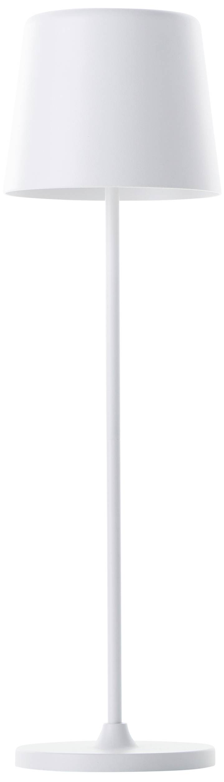 Weiße Stehlampe mit schlichtem, modernem Design; zylindrischer Lampenschirm und schmaler Standfuß. Ideal für minimalistisches Interieur.