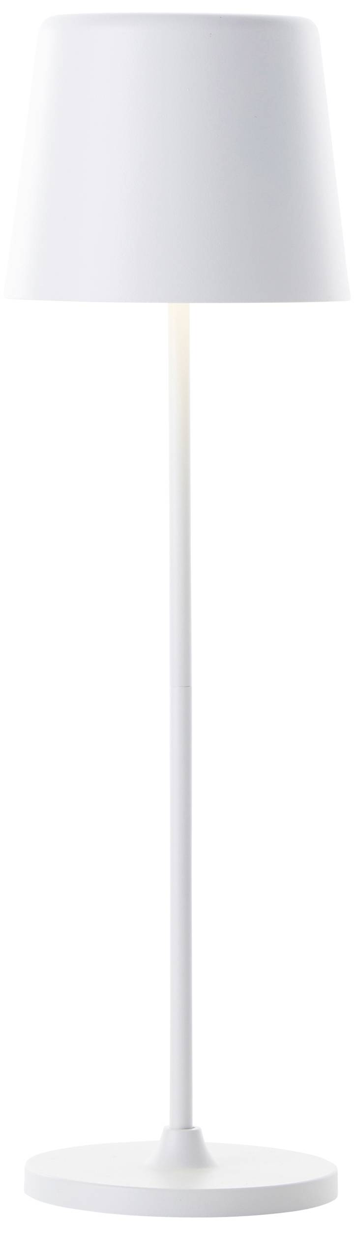 Weiße Stehlampe mit schlichtem, modernem Design und konischem Schirm, geeignet für Innenräume.