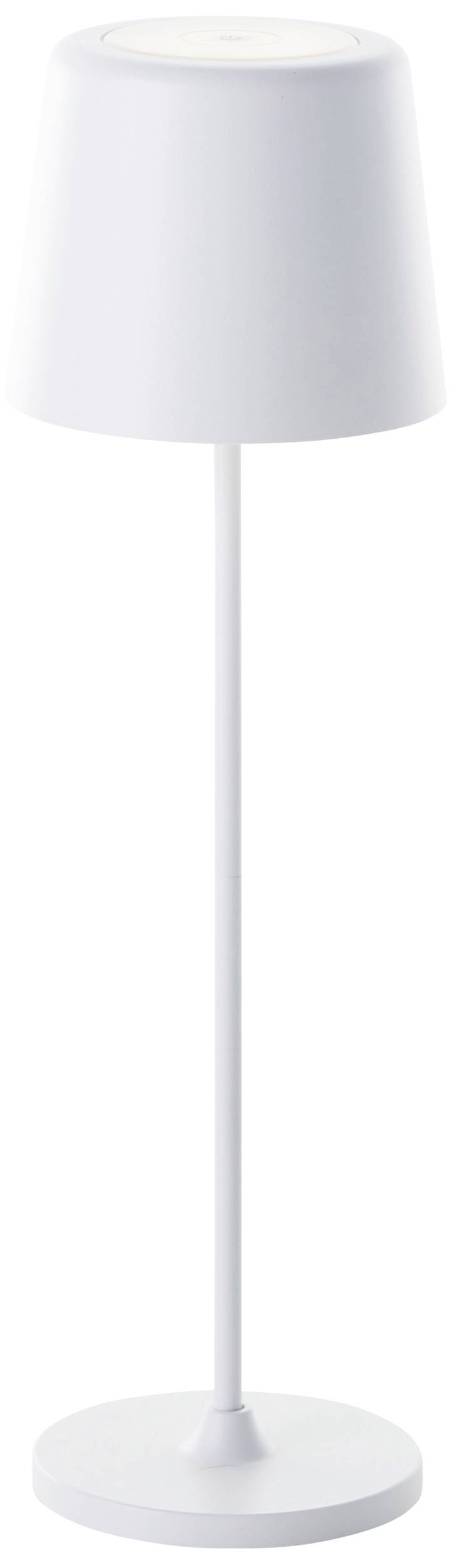 Weiße Tischlampe mit konischem Schirm und schlankem Ständer auf rundem Fuß.
