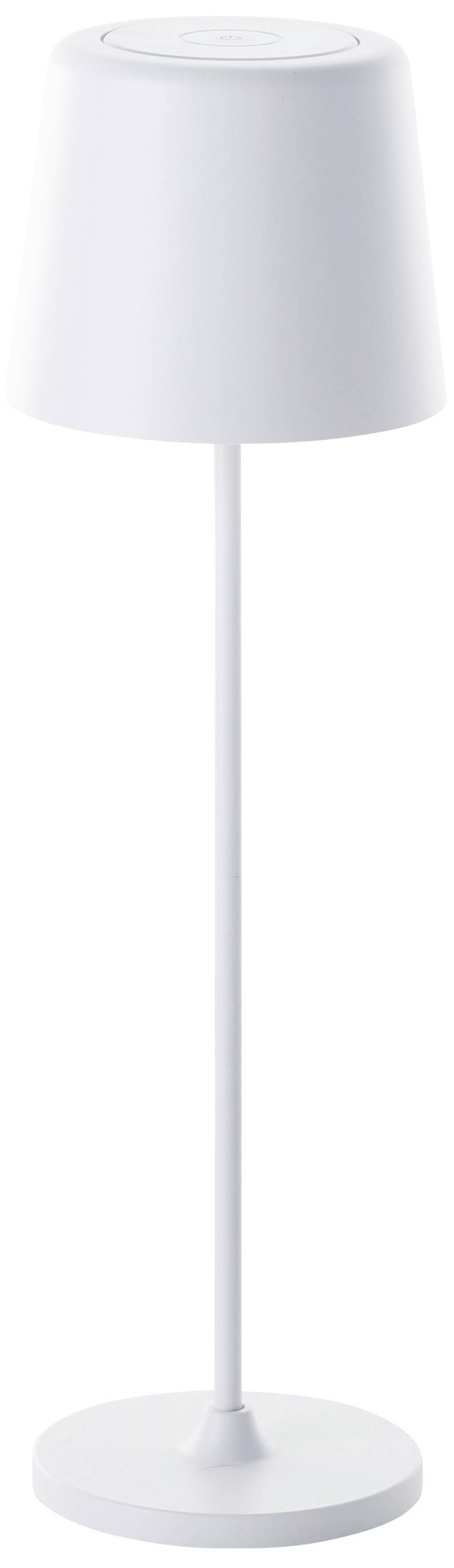 Weiße Tischlampe mit schlichtem, modernem Design; zylindrischer Schirm, schlanker Stab, runder Sockel.