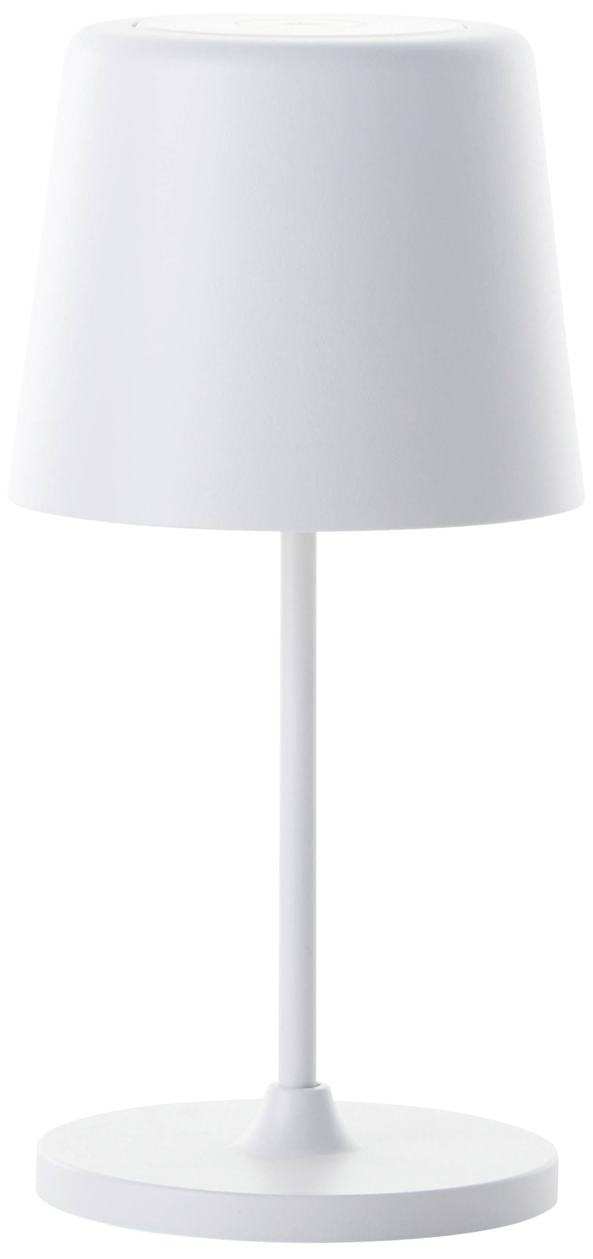 Weiße Tischlampe mit schlichtem, modernem Design; zylinderförmiger Schirm auf geradem Standfuß, geeignet für minimalistisches Interieur.