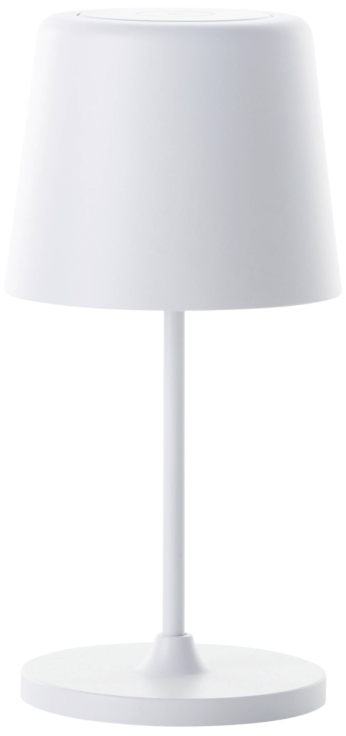 Eine einfache, weiße Tischlampe mit zylindrischem Schirm und geradem Standfuß; minimalistisches Design.