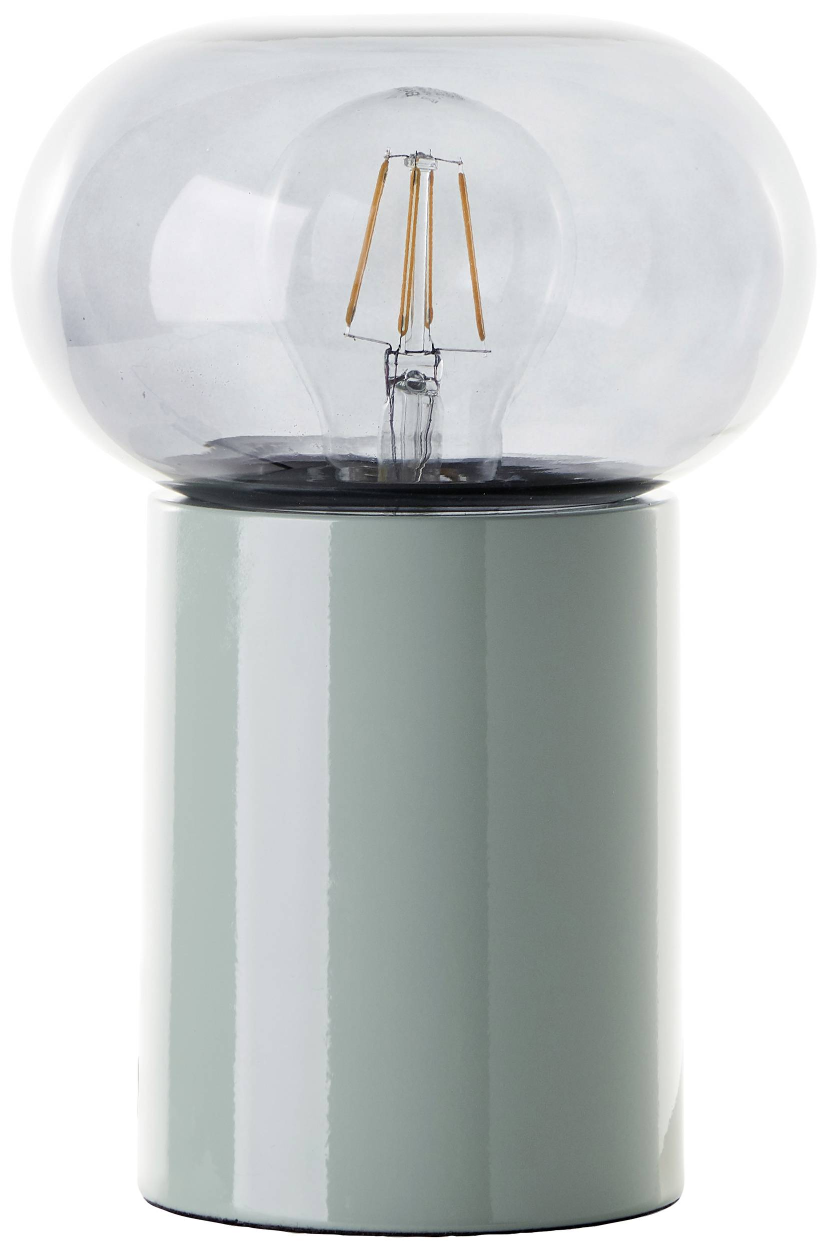 Eine moderne Tischlampe mit transparentem Glasschirm und sichtbarem Glühdraht, stehend auf einem zylindrischen, glänzenden Sockel.