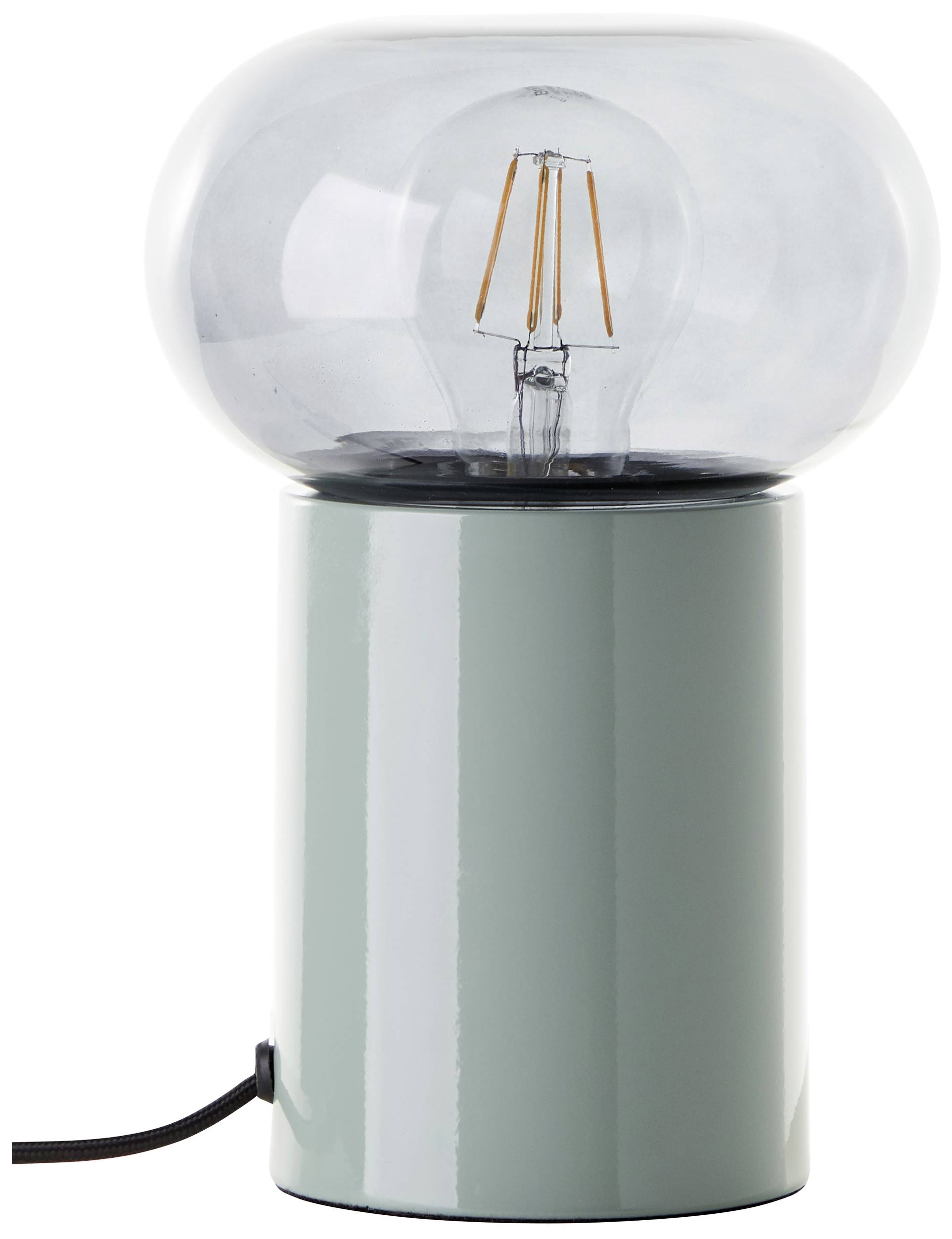 Eine moderne Tischlampe mit zylindrischem Metallfuß und durchsichtiger Glaskuppel, die eine Glühbirne freigibt.