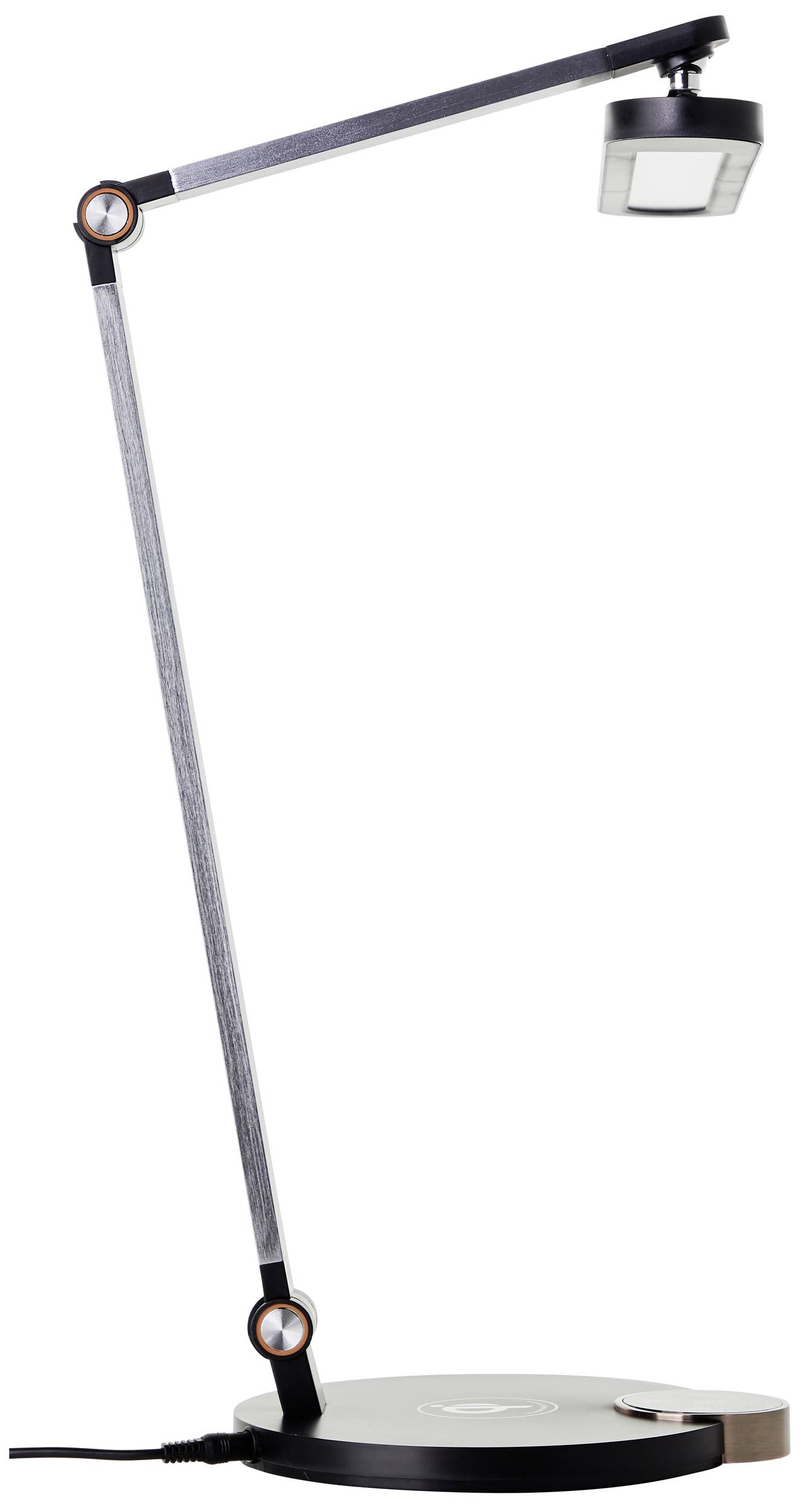 Eine moderne, schlanke Tischlampe mit verstellbarem Arm und quadratischem Lampenkopf, auf schwarzem, runden Sockel.