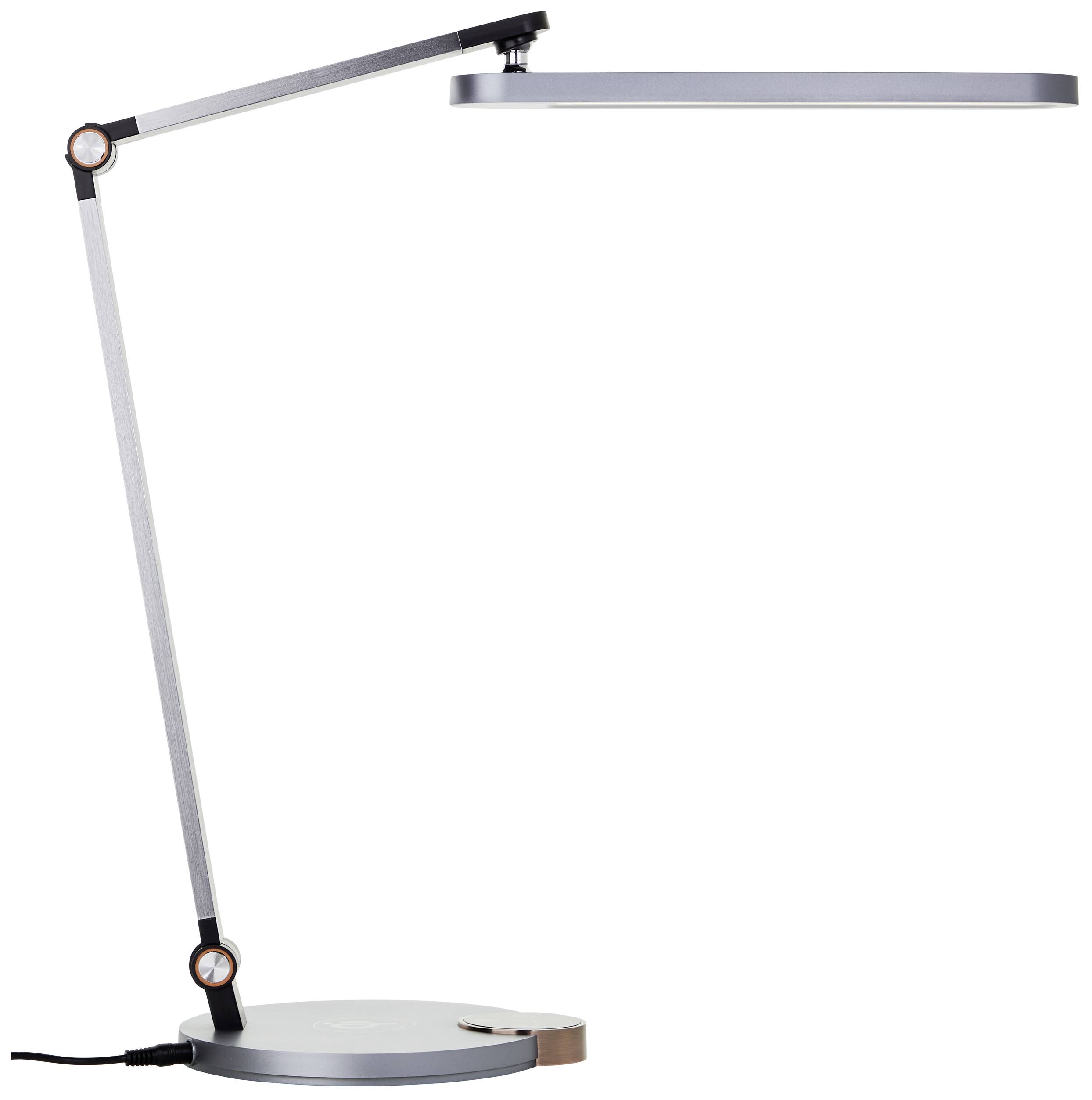 Eine moderne, schlanke Schreibtischlampe aus Metall mit verstellbarem Arm und rundem Lampenkopf auf einem stabilen Standfuß.