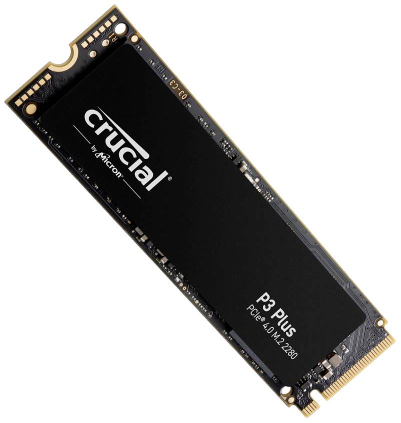 Eine Crucial P3 Plus M.2 NVMe-SSD, PCIe 4.0 Schnittstelle, auf weißem Hintergrund.