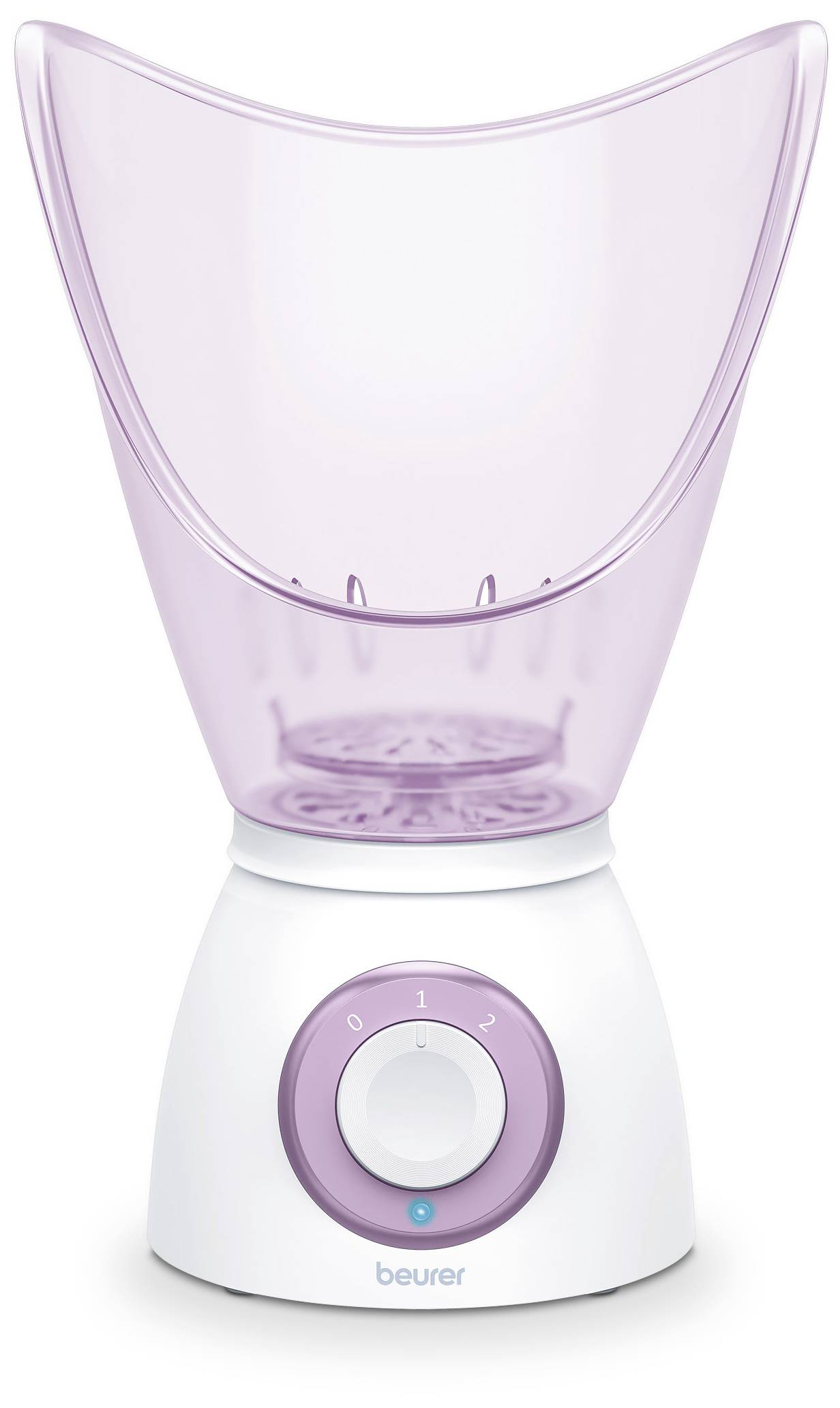 Ein weiß-pinkes Gesichtssaunagerät mit stufenlosem Schalter und Wasserbehälter, zur Hautpflege und Entspannung geeignet.