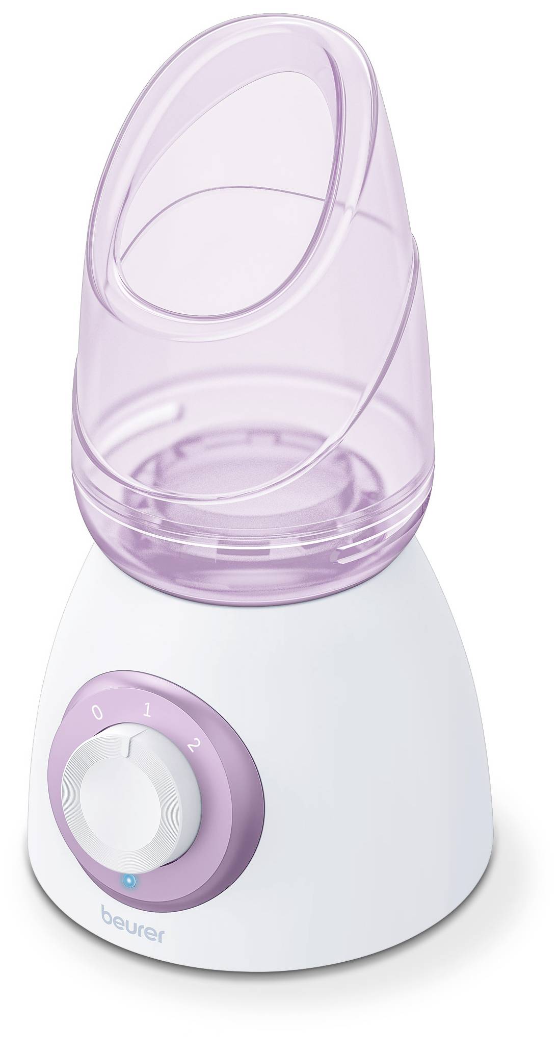 Gesichtsdampfer mit rosa Aufsatz und weißem Körper. Verfügt über einen Einstellknopf mit Stufen 0 bis 2.