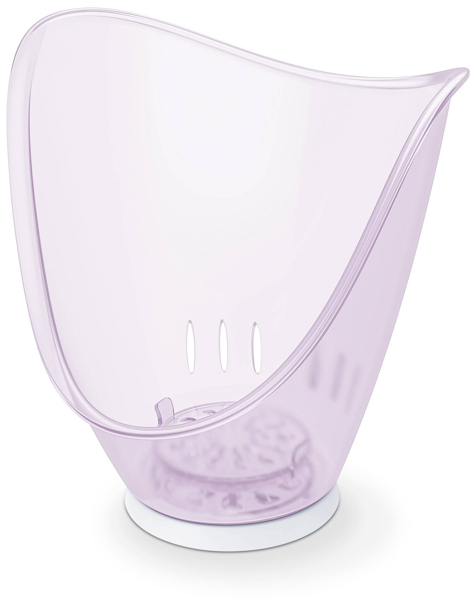 Rosa Gesichtssauna mit transparenter Schale und ovaler Öffnung, verwendet für Dampfinhalation, steht auf weißem Sockel.