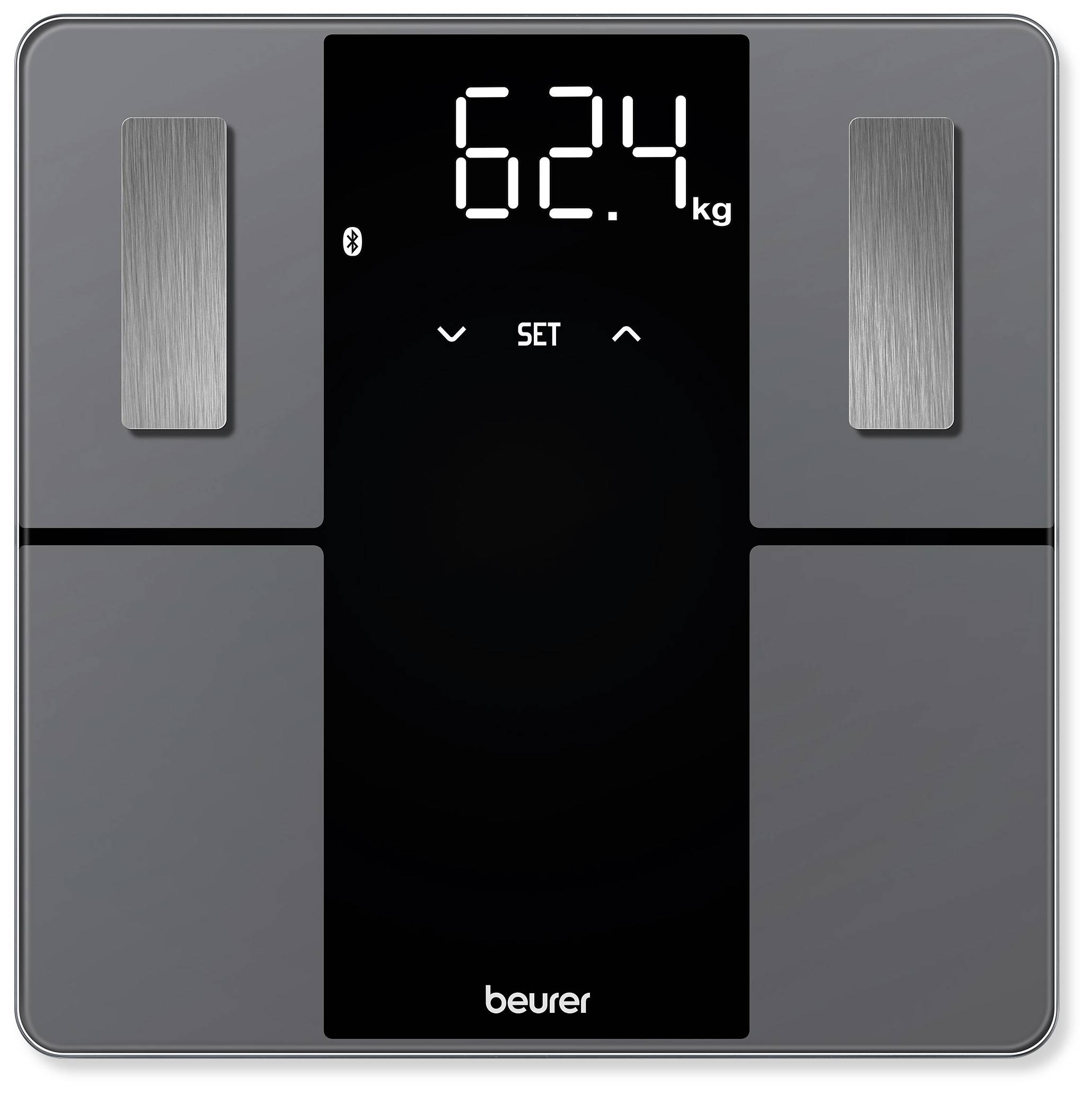 Digitale Waage zeigt ein Gewicht von 62,4 kg an. Display mit 