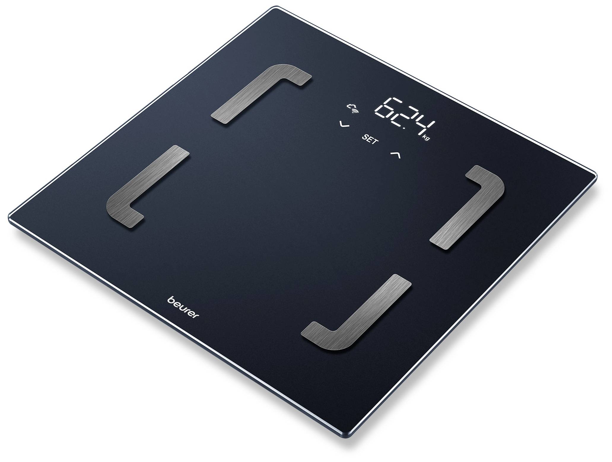 Digitale schwarze Personenwaage mit LED-Anzeige '0.2 kg' und silbernen Elektroden in den Ecken.