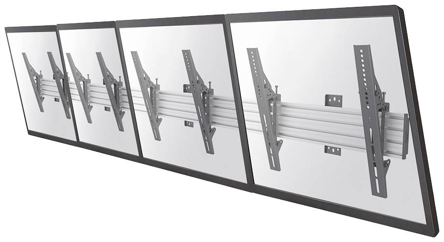Vier nebeneinander montierte Monitore zeigen Wandhalterungen mit Schienen, die zur flexiblen Anordnung der Bildschirme dienen.