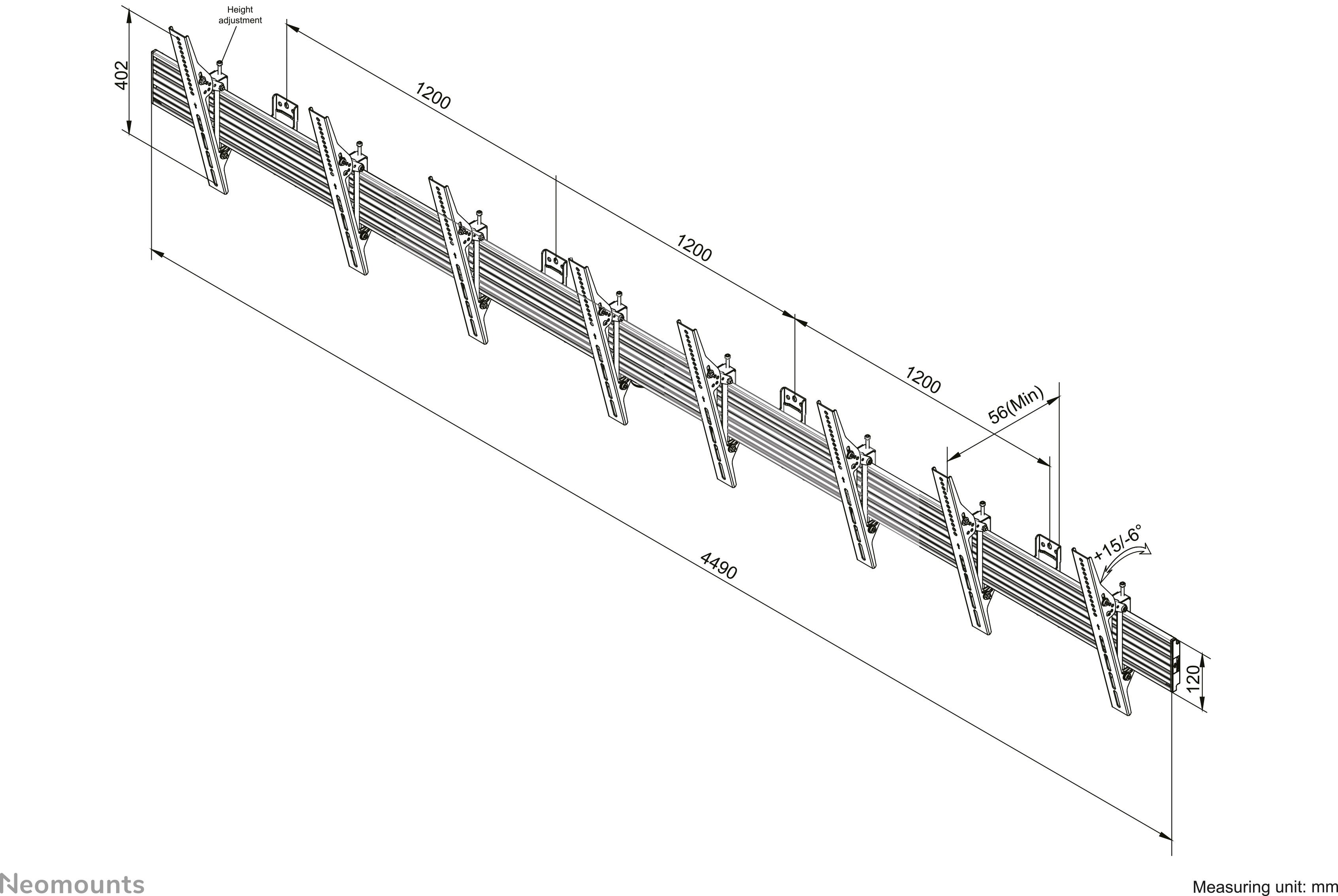 Technische Zeichnung eines länglichen Strukturelements mit Maßen in Millimetern; zeigt Halterungen in regelmäßigen Abständen.