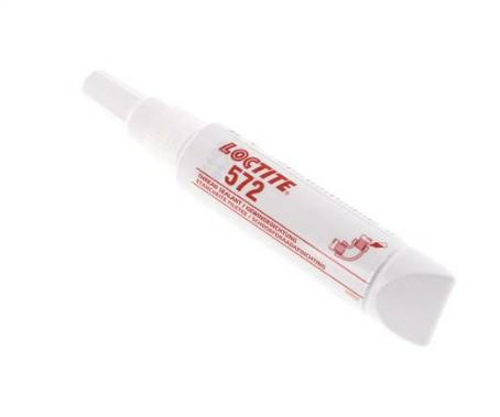 Tube mit der Aufschrift 'LOCTITE 512'. Enthält Dichtmasse für Rohre. Weiß mit roten Details.
