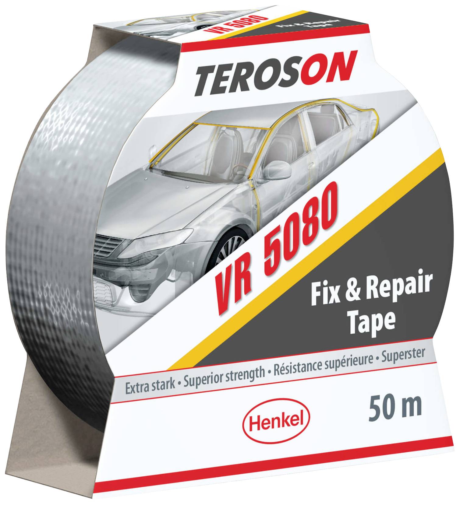 Rolle mit 'TEROSON VR 5080 Fix & Repair Tape', 50 m Länge. Geeignet für schnelle Reparaturen, bietet extra starke Haftung.