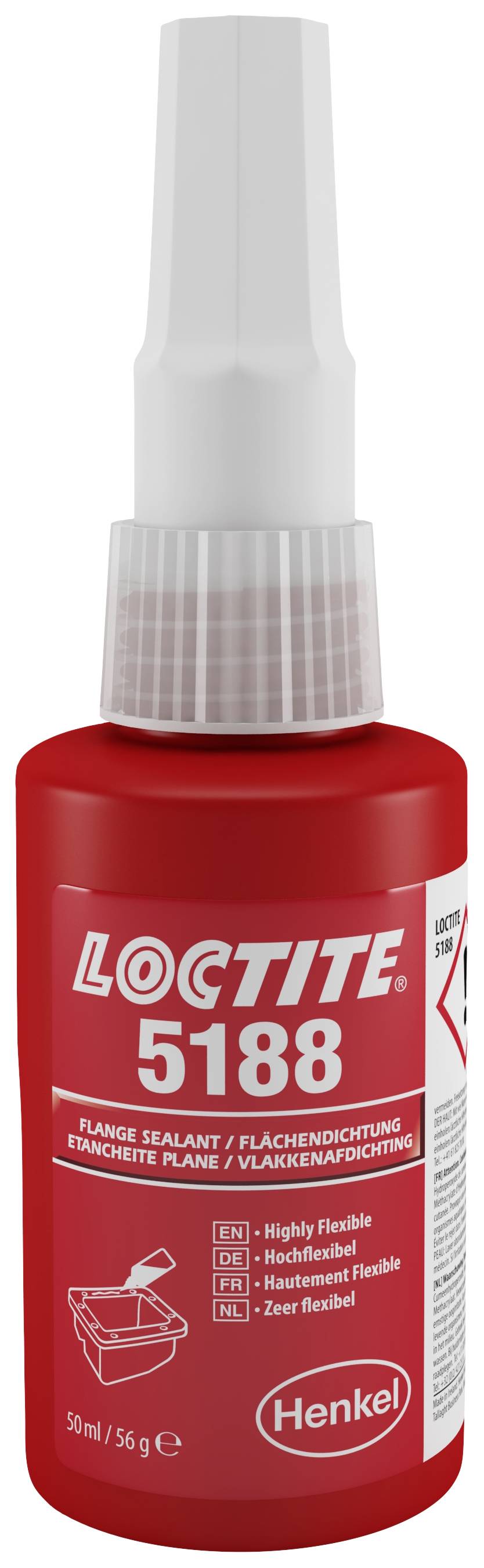 Rote Flasche mit 'LOCTITE 5188' Aufschrift. Enthält Dichtmittel für Flächen, ist hochflexibel und widerstandsfähig gegen mechanische Belastungen. 50ml.