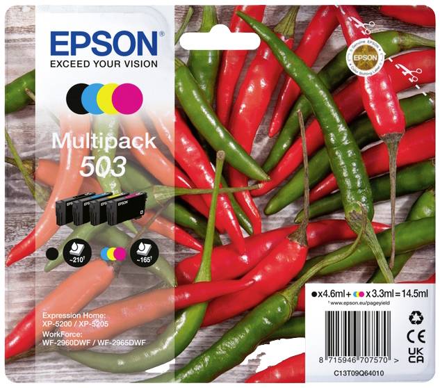 Verpackung einer Epson-Multipack-Patrone 503 vor einem Hintergrund aus roten und grünen Chilis. Kompatibel mit bestimmten Druckermodellen.