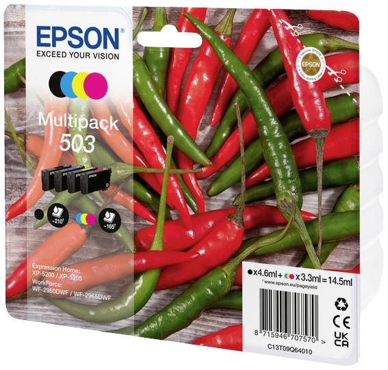 Mehrere rote und grüne Chilischoten auf einer Verpackung für Epson 503 Multipack Tintenpatronen, geeignet für bestimmte Druckermodelle.