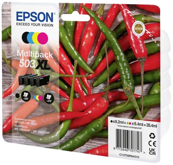 Epson Multipack 503 XL Druckerpatronenverpackung mit roten und grünen Chilischoten im Hintergrund; enthält mehrere Patronen.