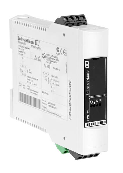 Ein weißes elektronisches Modul mit Beschriftung 'Endress+Hauser'. Zeigt technische Spezifikationen und Anschlüsse.