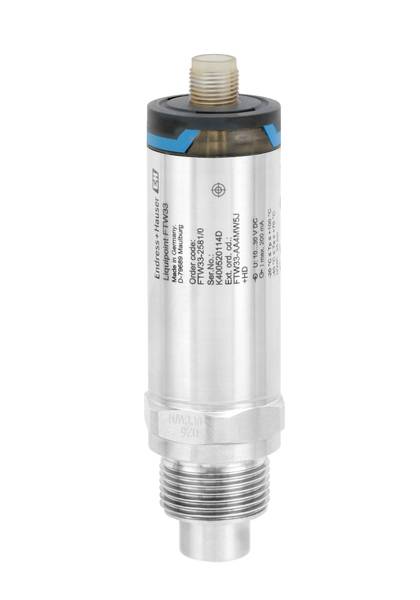 Drucksensor in zylindrischer Form aus Metall mit Anschlussgewinde unten und Steckanschluss oben.