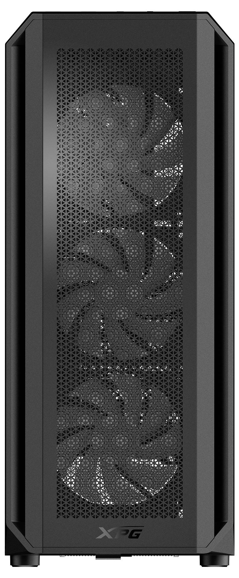 Schwarzes PC-Gehäuse mit drei sichtbaren Lüftern auf der Vorderseite, geeignet für Gaming- oder Hochleistungscomputer-Setups.