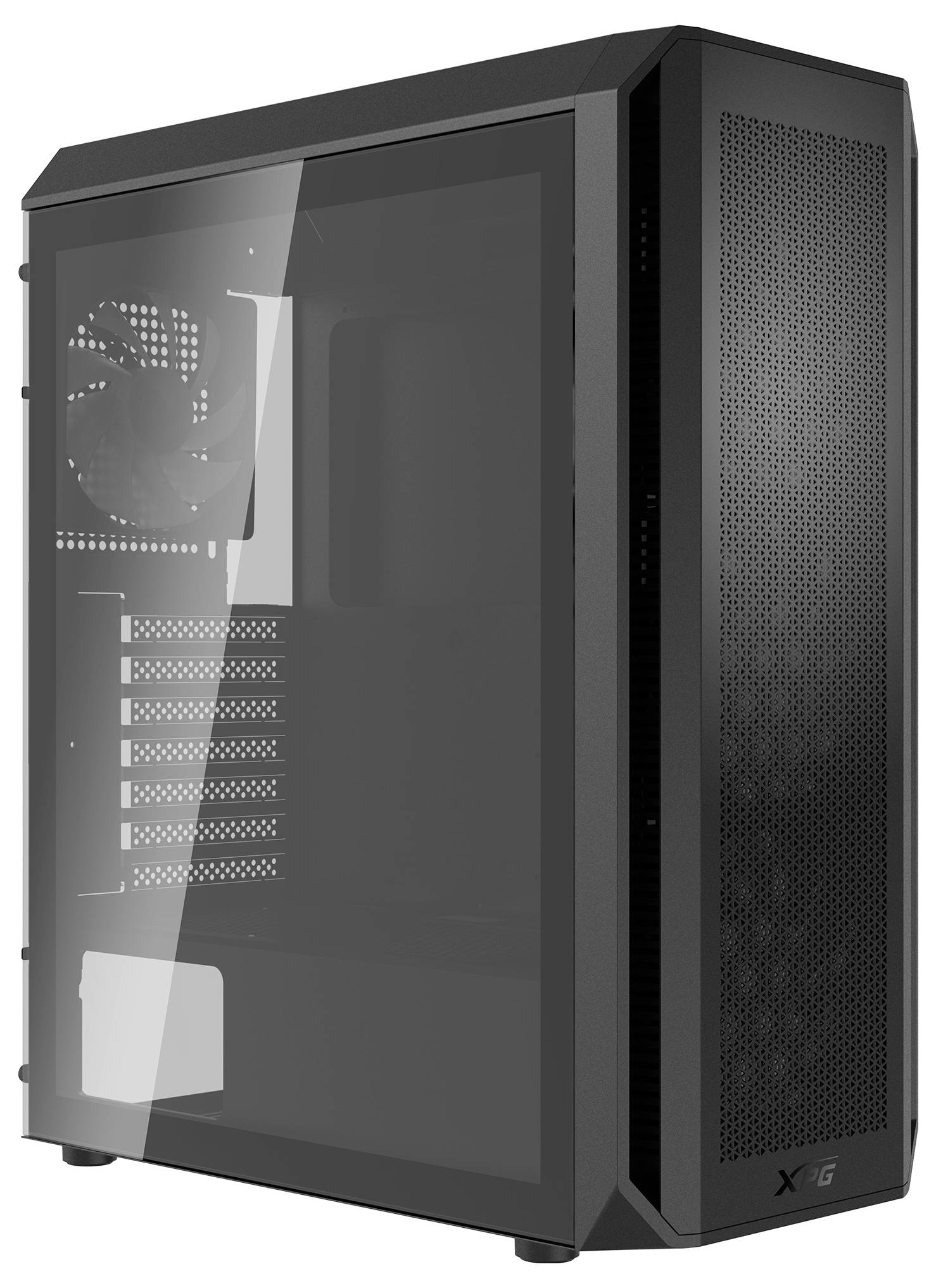 Schwarzes PC-Gehäuse mit Seitenfenster und Lüfter an der Rückseite. Das Gehäuse hat mehrere Lüftungsschlitze und bietet Platz für Erweiterungen.